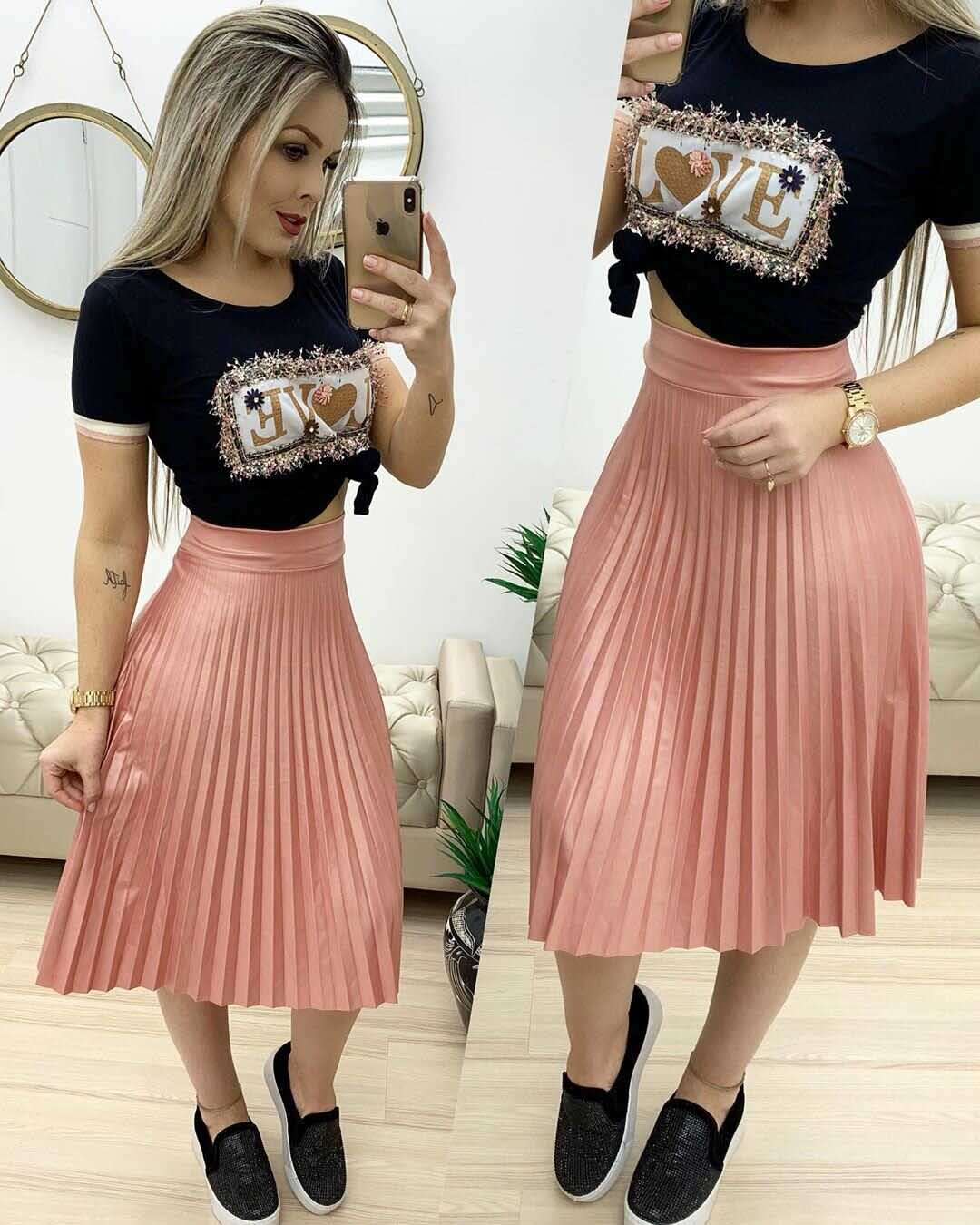 saia plissada rose midi