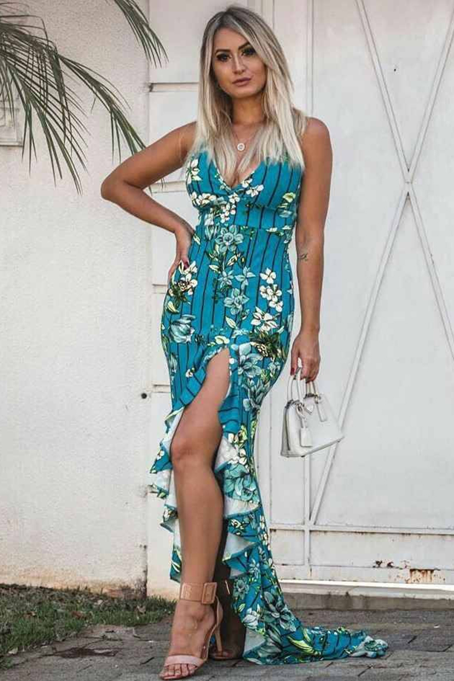 Vestido longo com fenda e babado sales