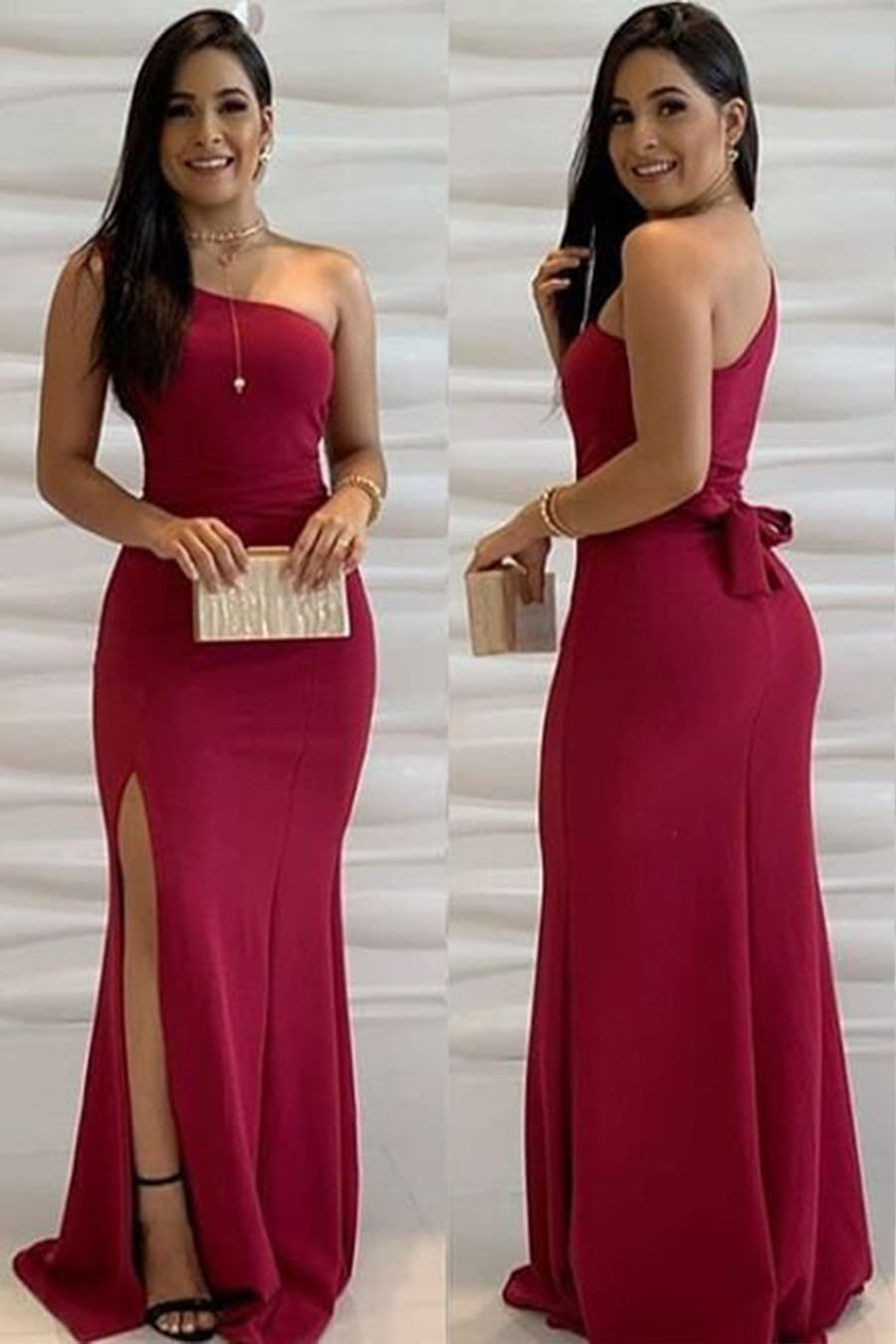 Vestido Longo Crepe Ombro Único Amarração Fenda Marsala