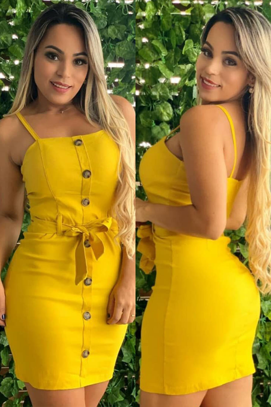 Vestido Curto Alça Fina Detalhe Botões Amarração Amarelo