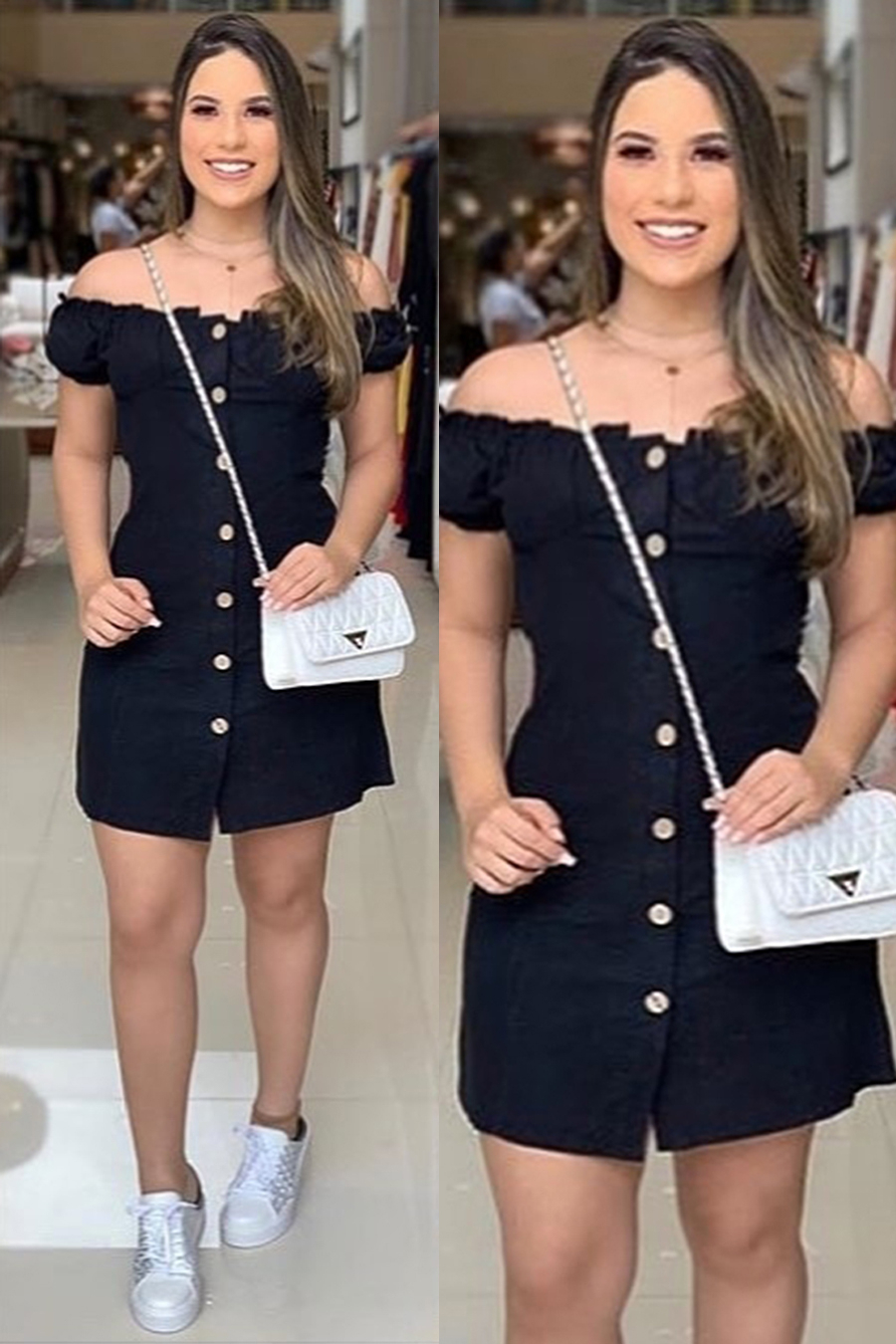 Vestido Curto Botões Ombro a Ombro Preto