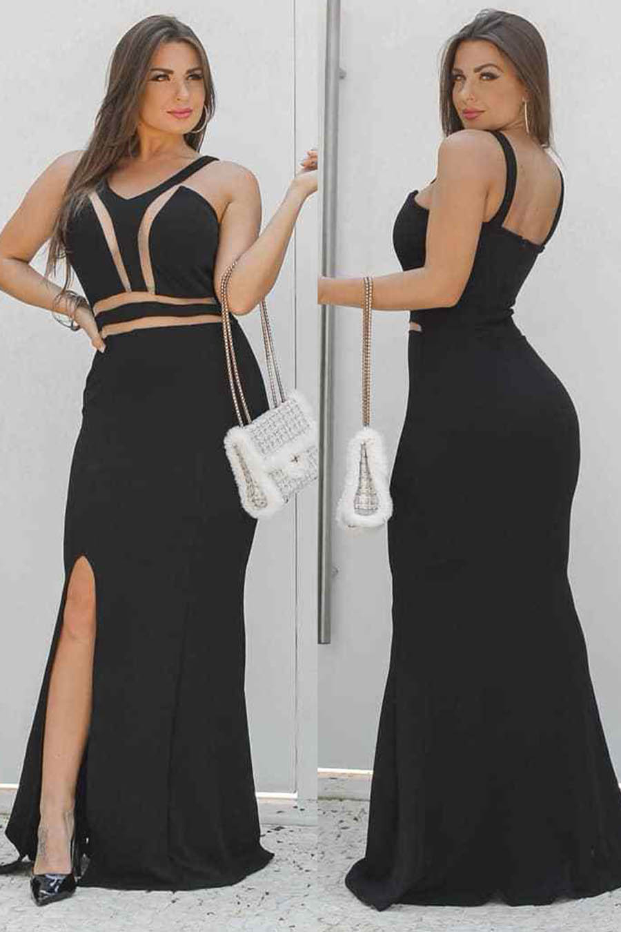 Vestido Longo Fenda Detalhe Tule Preto