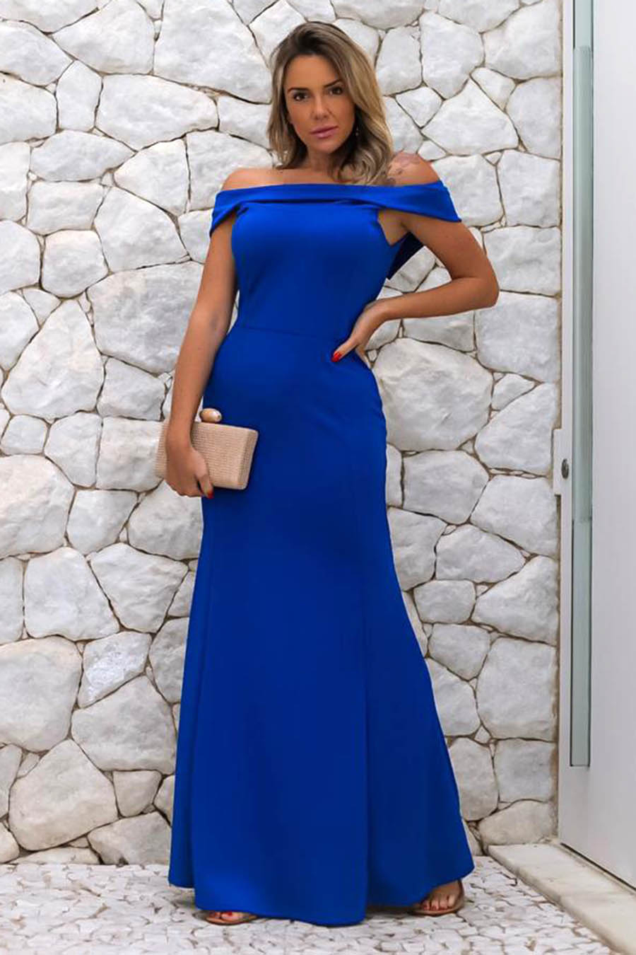 Vestido Longo Crepe Ombro a Ombro Azul