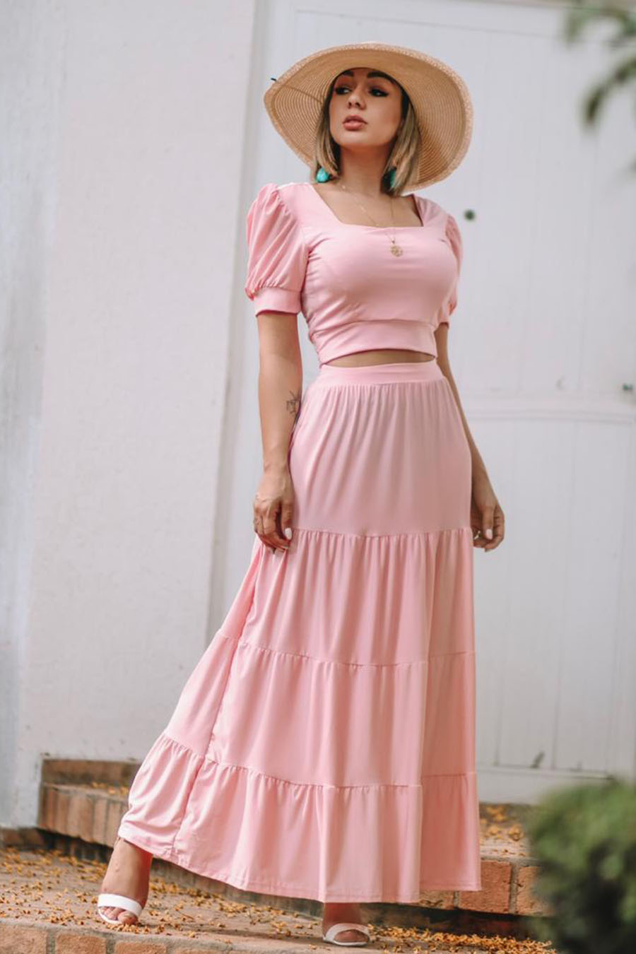 Conjunto Cropped e Saia Longa Rosê