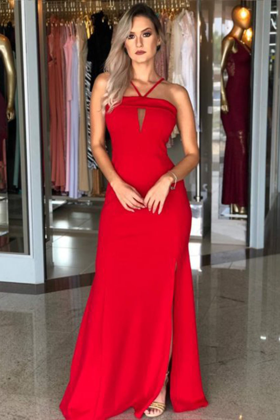 Vestido Longo Crepe Decote V Fenda Vermelho