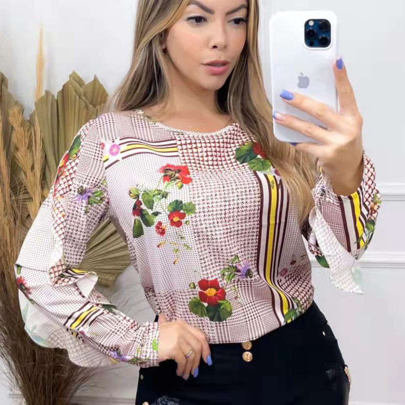 Blusa Chiffon Floral Manga Longa Babado