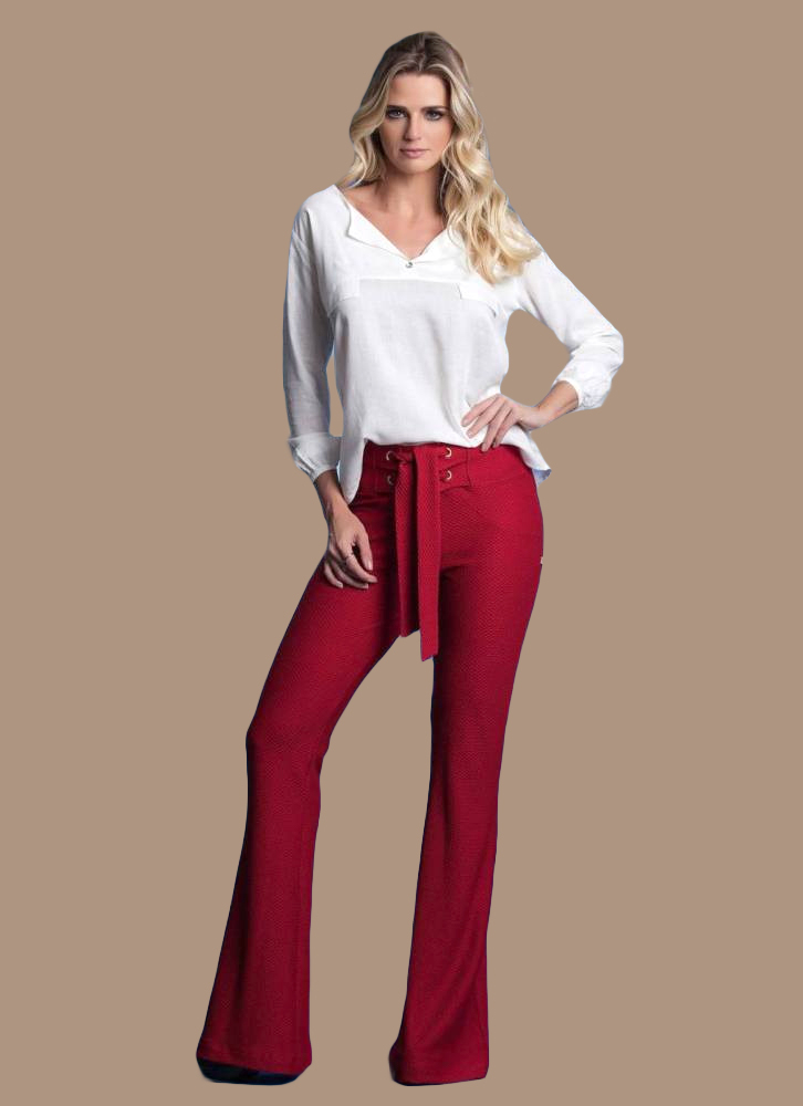 Calça Flare Crepe Amarração Frontal Vermelha