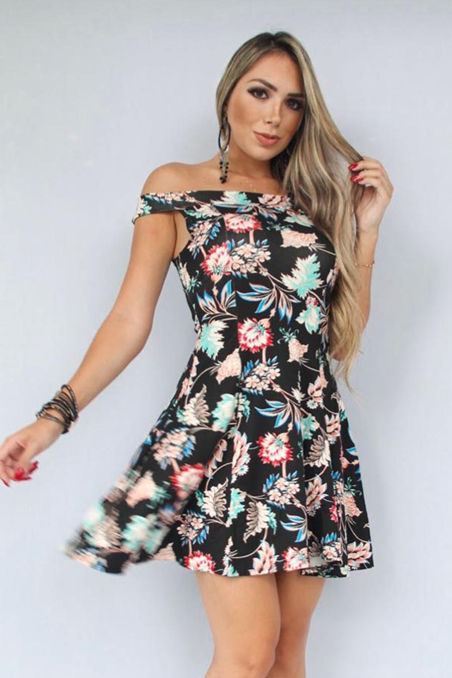 Vestido Curto Viscolycra Alças Ombro a Ombro Floral Preto