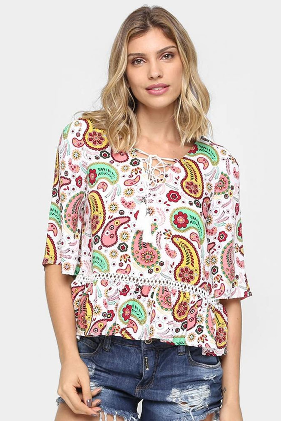 Blusa Manga 3/4 Amarração Estampada Rosa