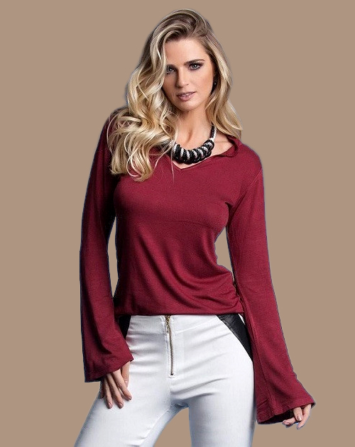 Blusa Manga Longa Cotton Flare Decotada Marsala