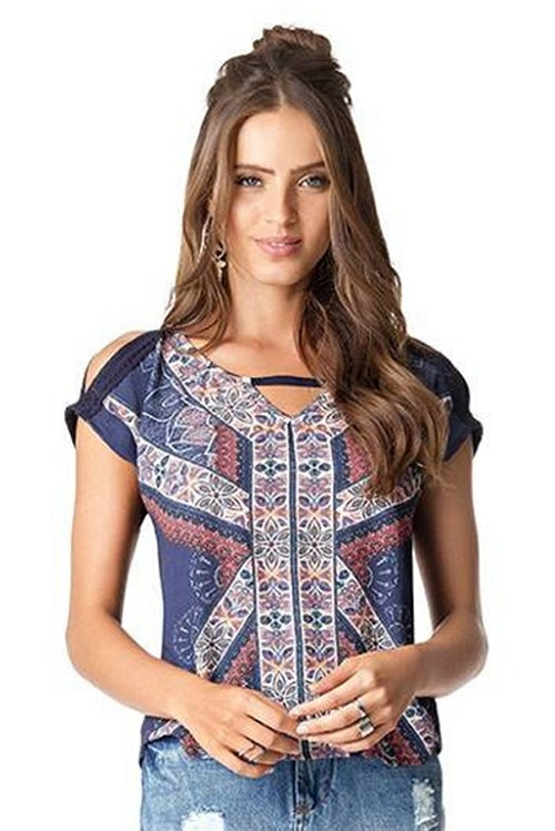 Blusa Manga Curta Chiffon Ombro Vazado Étnica Azul