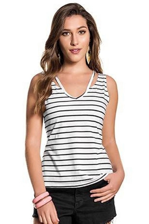 Blusa Sem Mangas Cotton Decotada Listrada Branca