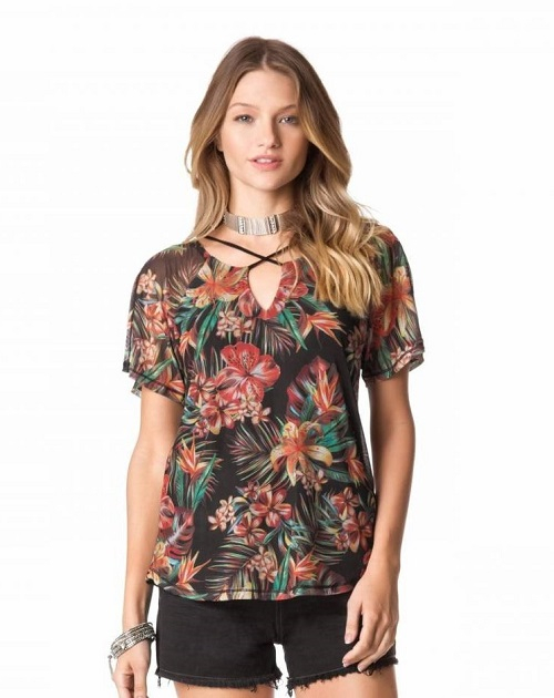 Blusa Manga Curta Tule Estampada Detalhe Strappy