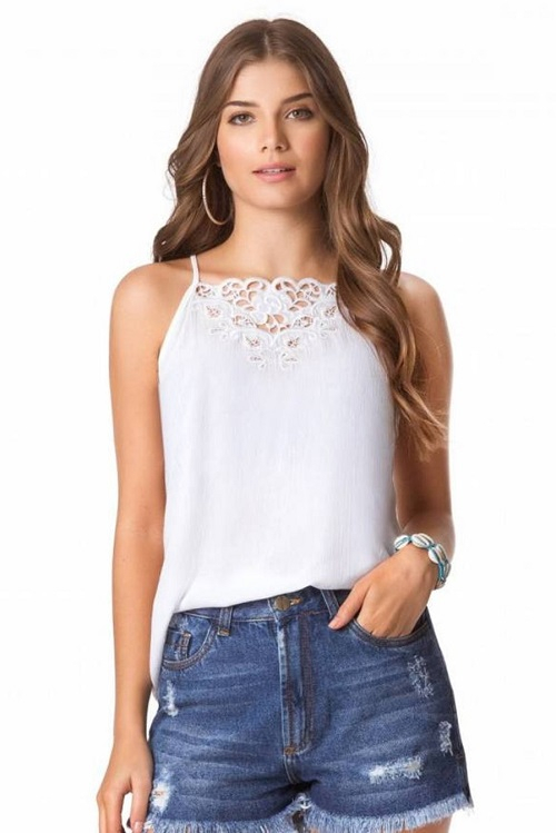 Blusa de Alças Frente com Aplicação Guipir