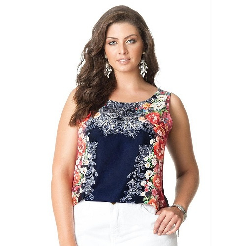 Blusa Plus Size Sem Mangas Azul Floral Cetim