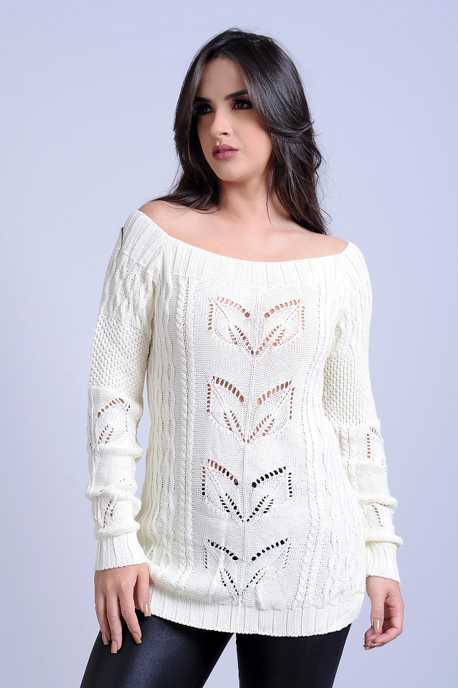 Blusa Tricot Ombro a Ombro Manga Longa Branca