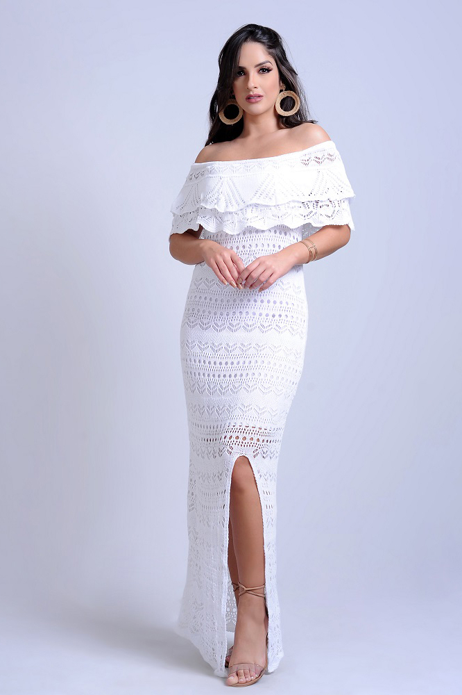 Vestido Longo Tricot Glam Fenda Ciganinha Branco