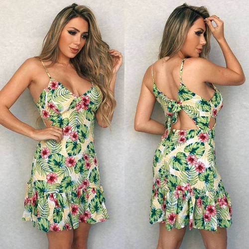 Vestido Curto Viscose Amarração Vazado Floral Verde