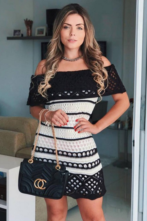 Vestido Curto Tricot Ciganinha Preto e Branco