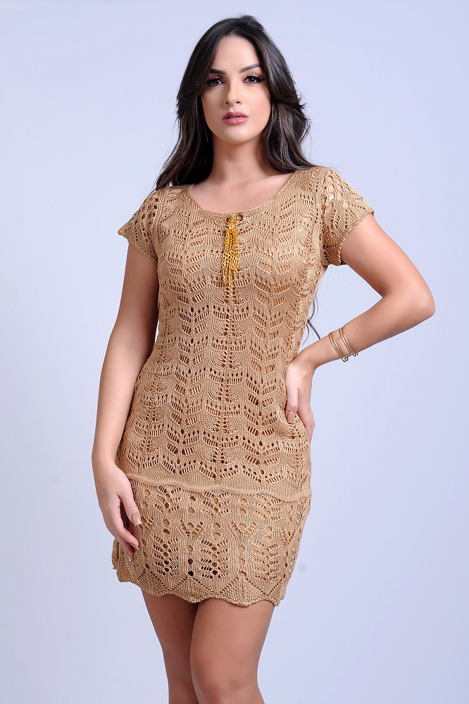 Vestido Curto Tricot Dourado Corrente