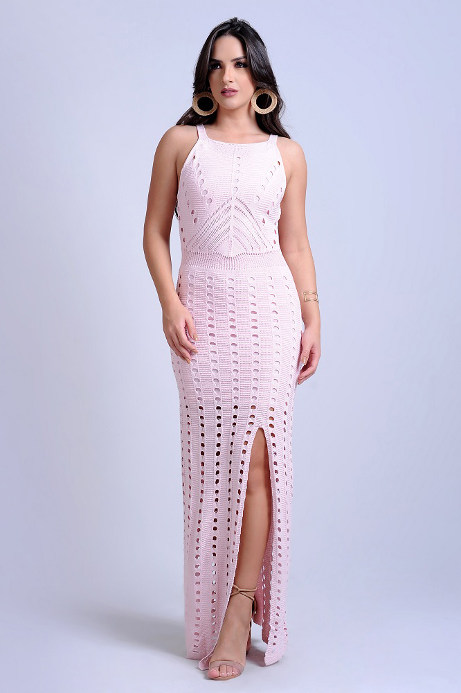 Vestido Longo Tricot Vazado Rosa Fenda