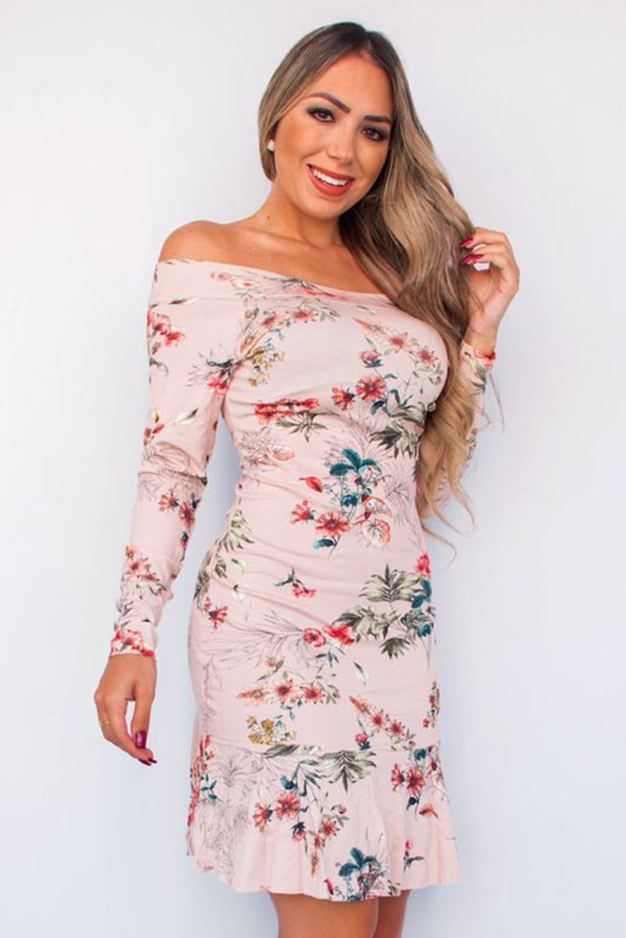 Vestido Curto Manga Longa Floral Rosê Babado Viscolycra