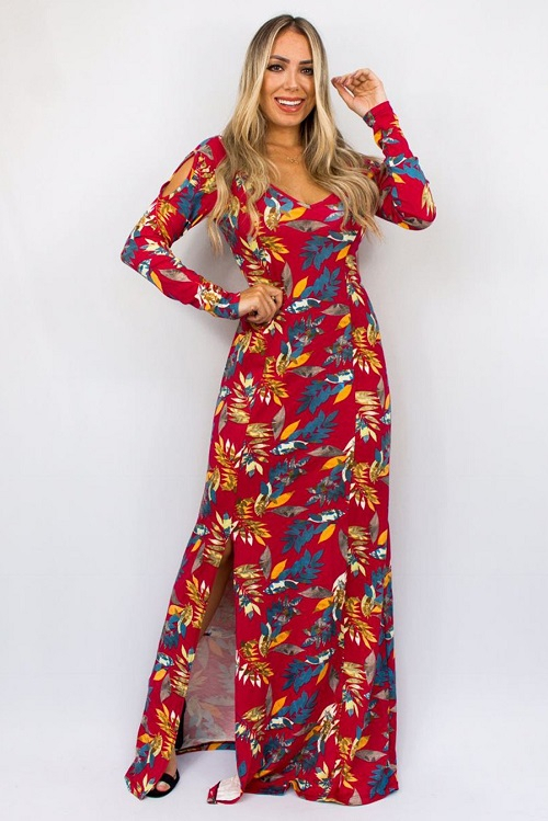 Vestido Longo Manga Longa Floral Vermelho Fenda Viscolycra