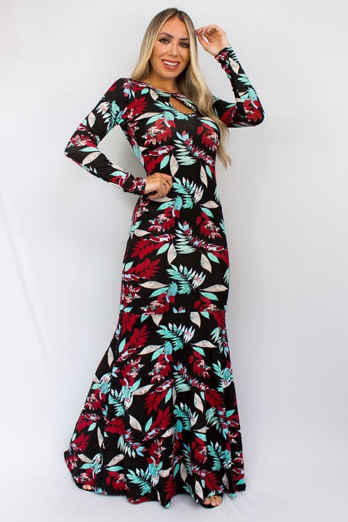 Vestido Longo Viscolycra Decote Gota Estampado Preto