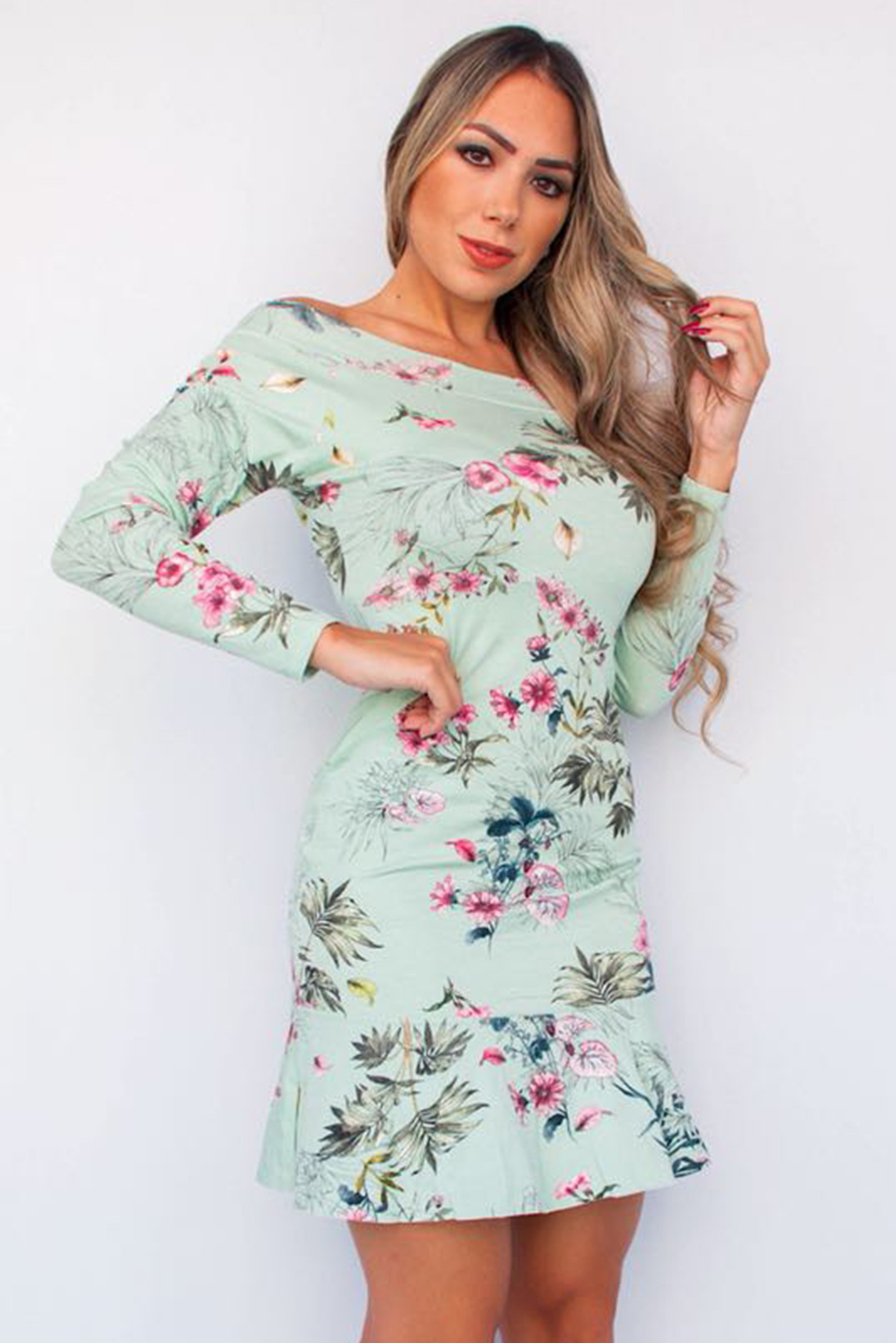 Vestido Curto Manga Longa Floral Verde Babado Viscolycra