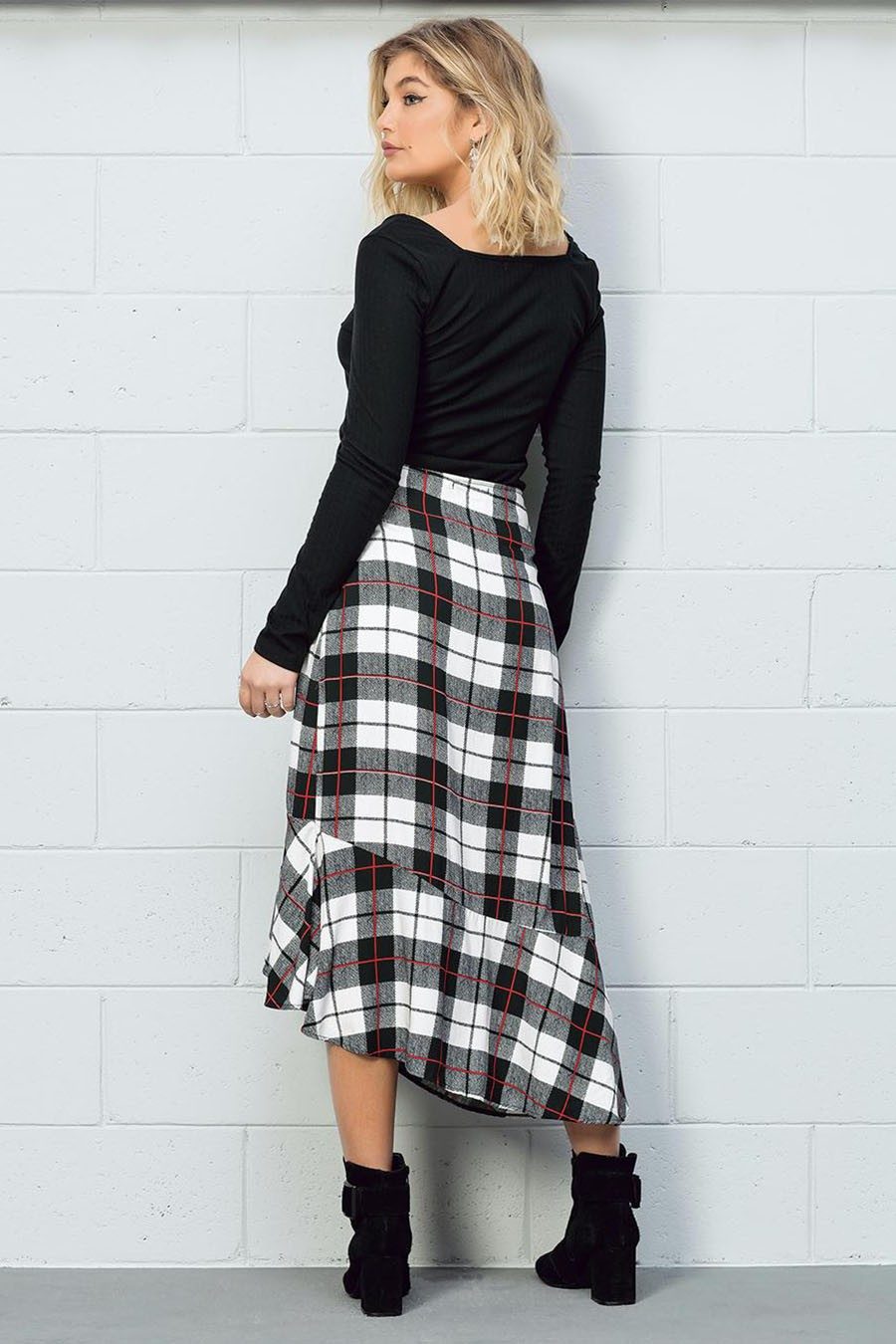 Saia Midi Viscose Babado Xadrez Vitrine Outlet