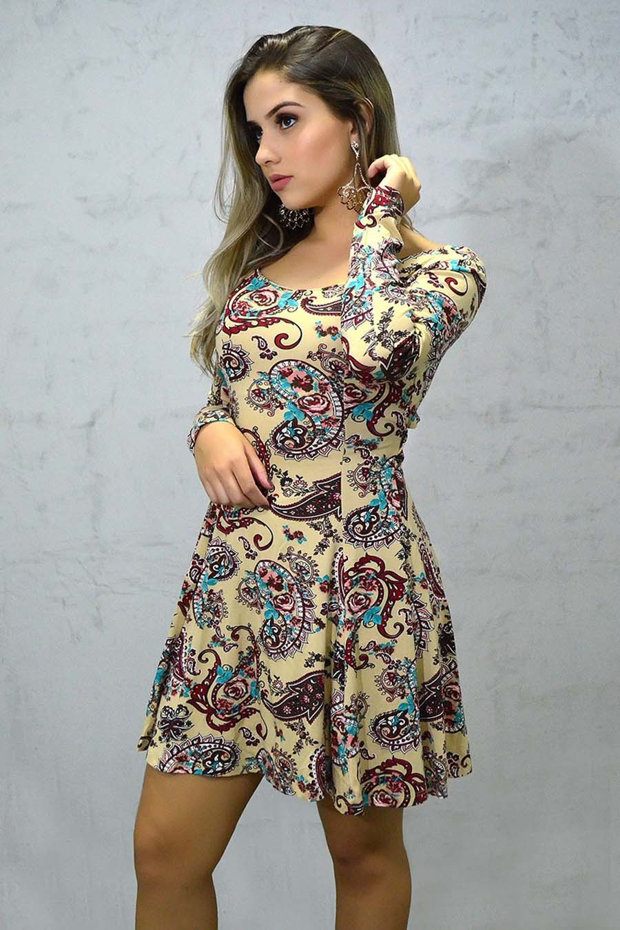 Vestido Curto Manga Longa Viscolycra Vazado Paisley Bege