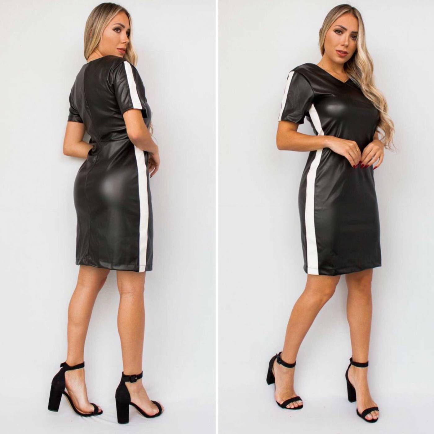 Vestido preto com listra branca sales do lado