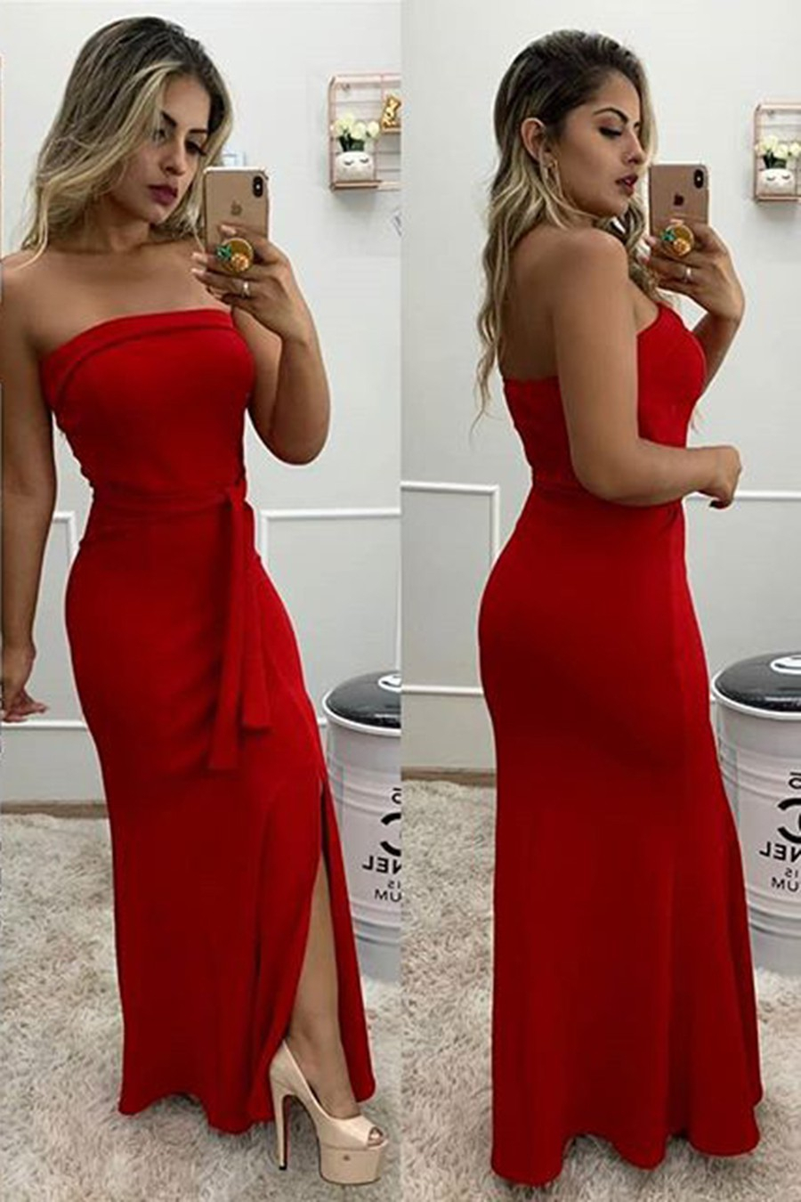 Vestido Longo Crepe Tomara Que Caia Acinturado Vermelho