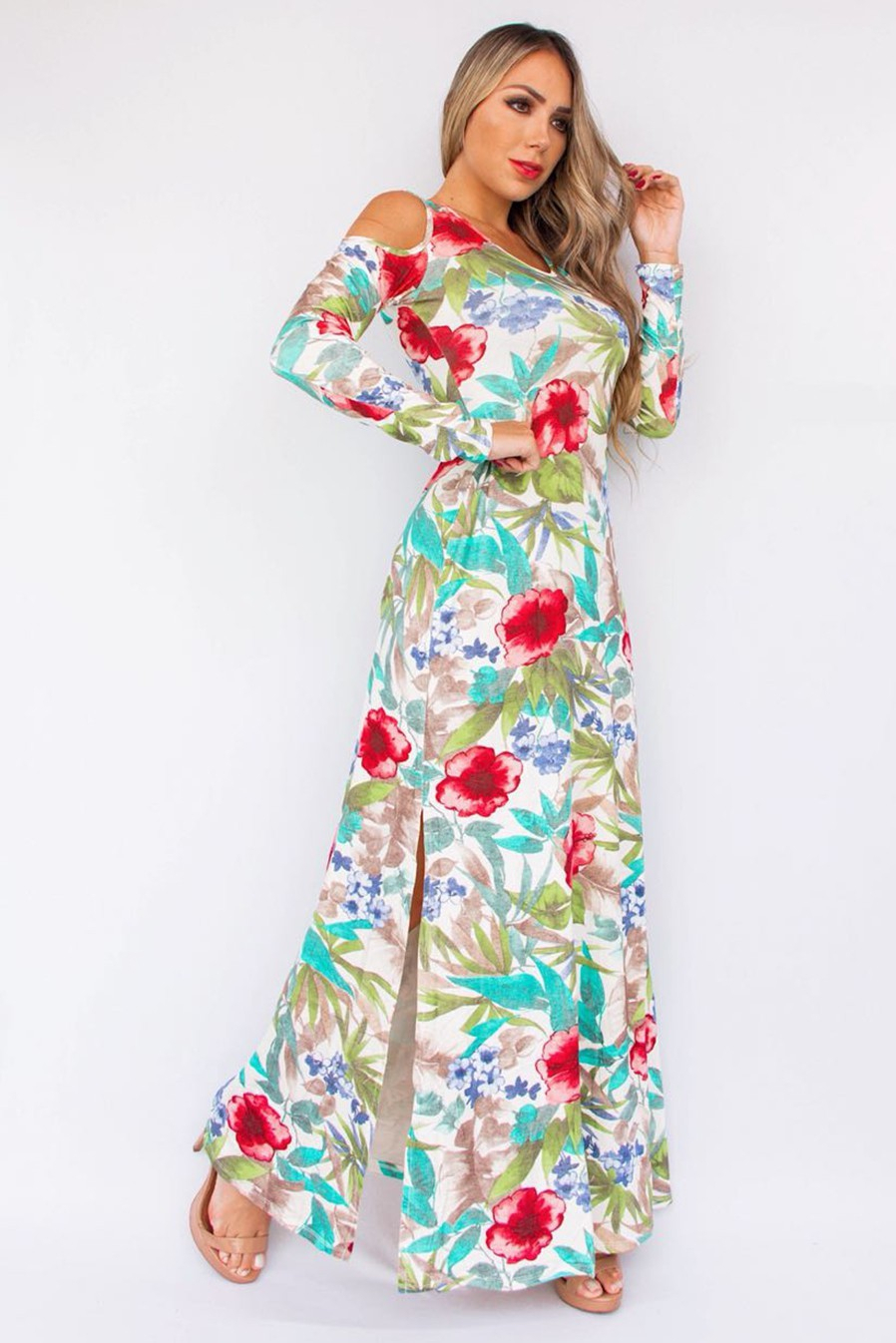 Vestido Longo Floral Ombro Vazado Fenda Lateral