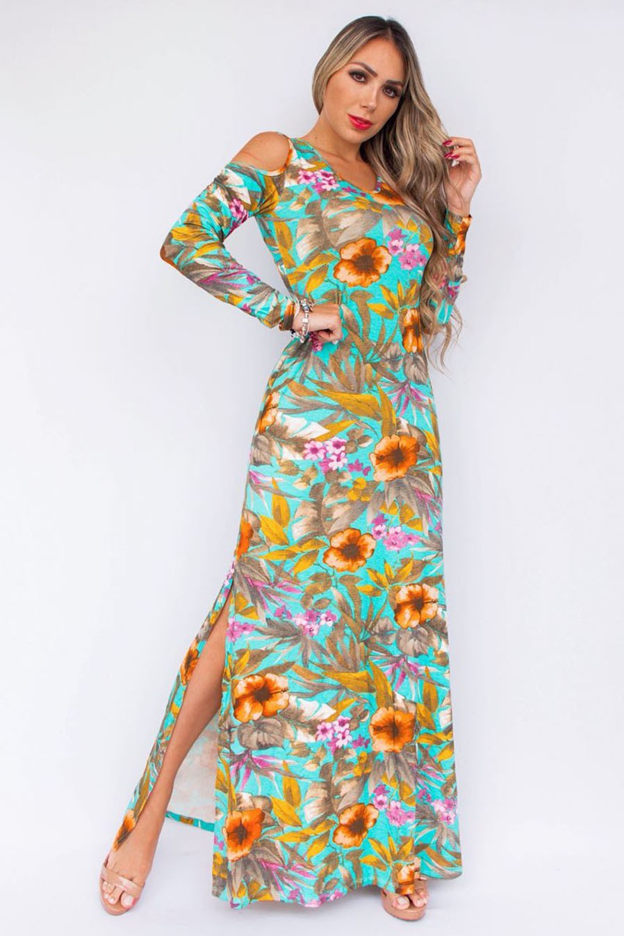 Vestido Longo Floral Verde Ombro Vazado Fenda Lateral