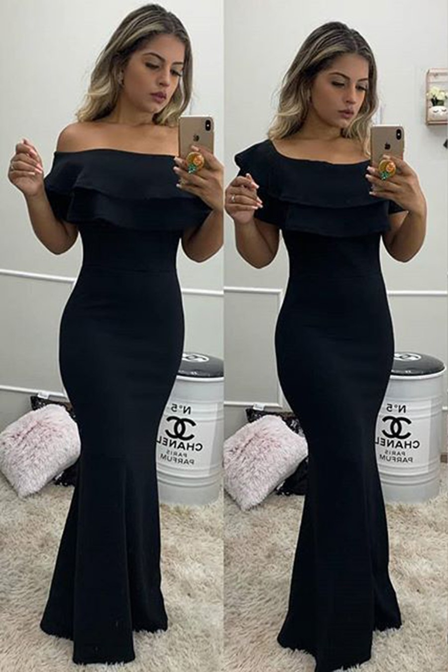 Vestido Longo Ombro a Ombro Ciganinha Preto