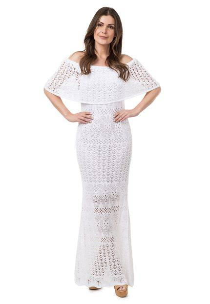 Vestido Longo Tricot Babado Ombro a Ombro Branco