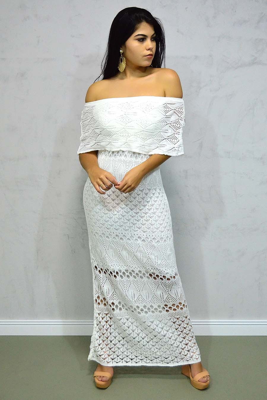 Vestido Longo Tricot Glam Ciganinha Branco