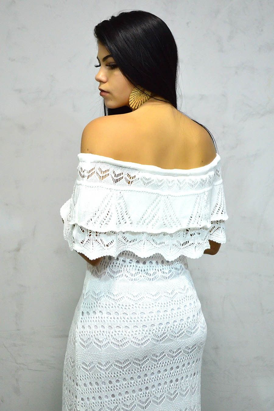 Vestido Longo Tricot Glam Ciganinha Branco