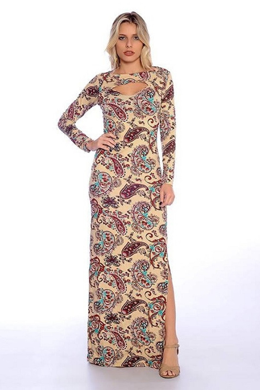 Vestido Longo Viscolycra Decote Vazado Bege