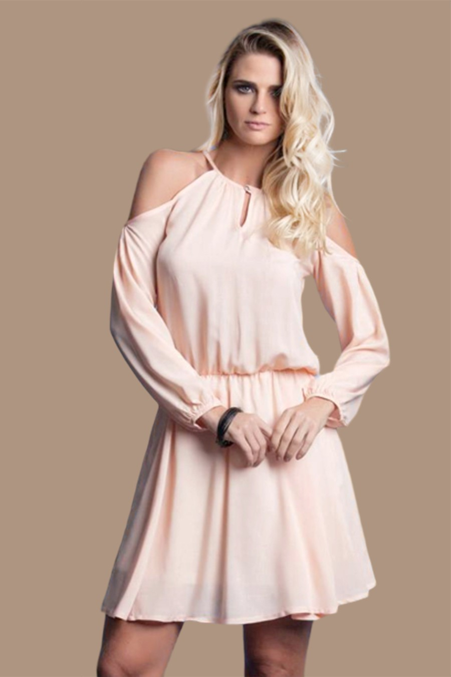 Vestido Viscose Curto Costa Aberta Ombro Vazado Rosa