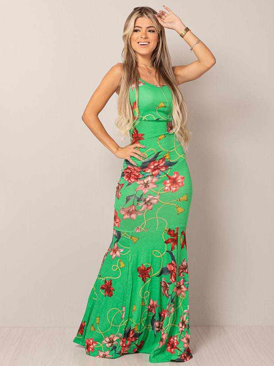 Vestido Longo Viscolycra Decotado Sereia Floral Verde