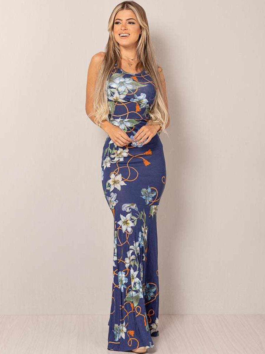 Vestido Longo Viscolycra Decotado Sereia Floral