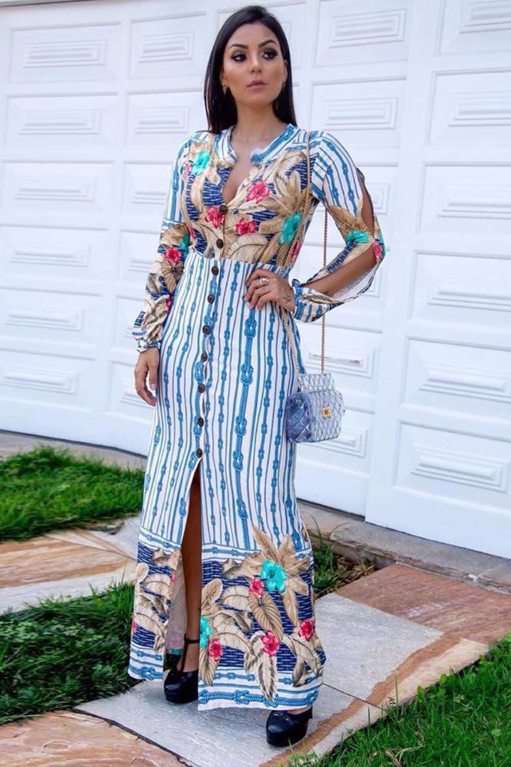 Vestido Longo Manga Vazada Viscolycra Botões Estampa Azul