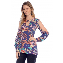 Blusa Viscolycra Manga Longa Vazada Tropical Azul