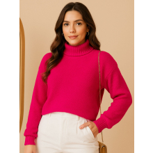 Blusa Suéter Tricot Quentinha Manga Longa Gola Alta Inverno