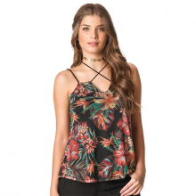 Blusa Alças Strappy Tule Estampada Preta