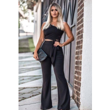 Conjunto Cropped Calça Flare Preto