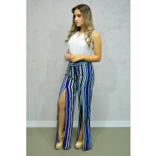 Calça Flare Fendas Listrada Azul