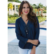 Blusa Manga Longa Chambray Cordões Decotada Azul